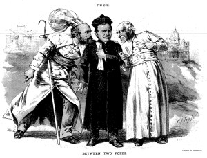 “Between Two Popes,” 1887. Copy of cartoon that appeared in Puck.  [Original on display at the Henry George Birthplace.]